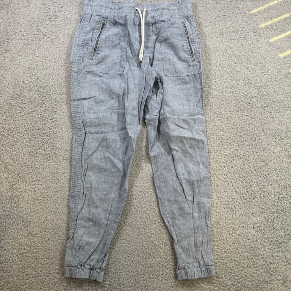 Athleta Cabo Linen Jogger Pants Women Size 6 Blue Drawstring Zipper‎ Pockets
